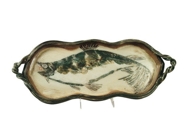 LARGE TRAY WITH FISH, EARTHY GREEN