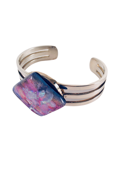 PINK AND PURPLE DIAMOND SHAPED FUSED GLASS STERLING SILVER CUFF