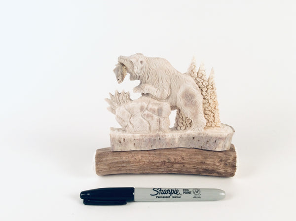 BEAR WITH FISH ANTLER CARVING