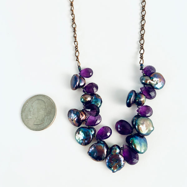 FACETED DARK AMETHYST & PEACOCK PEARLS ON COPPER CHAIN