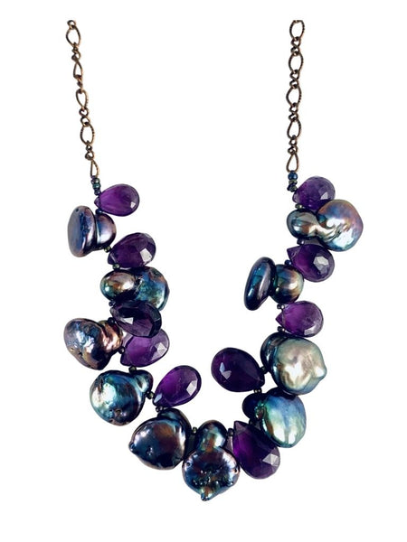 FACETED DARK AMETHYST & PEACOCK PEARLS ON COPPER CHAIN
