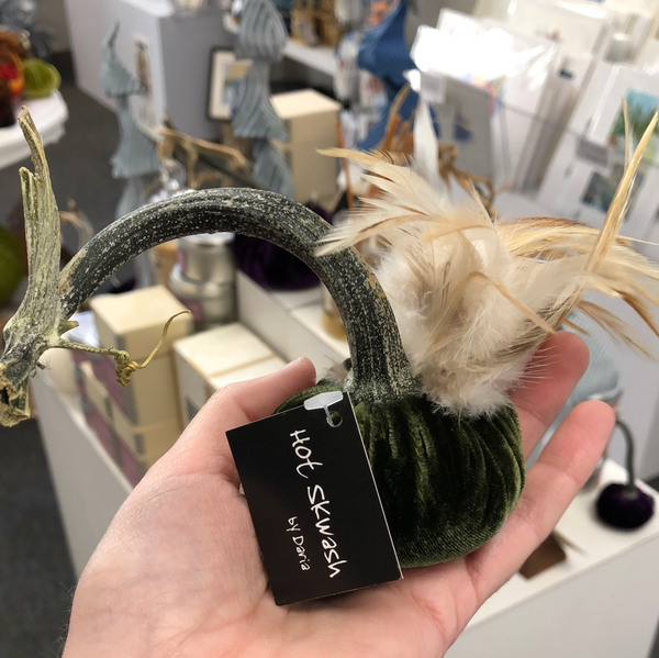 MOSS VELVET PUMPKIN WITH FEATHER PLUME 3"