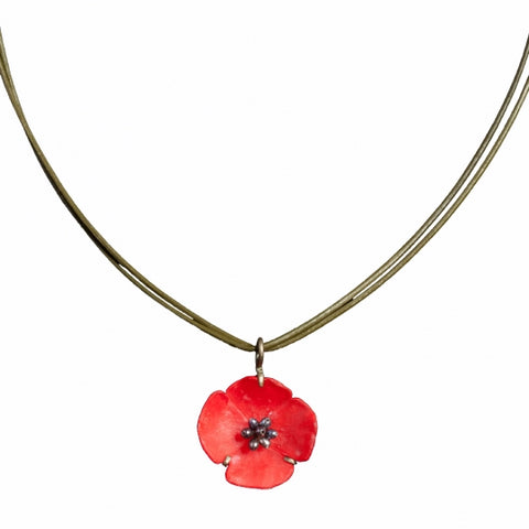 RED POPPY PENDANT ON LEATHER CHORD