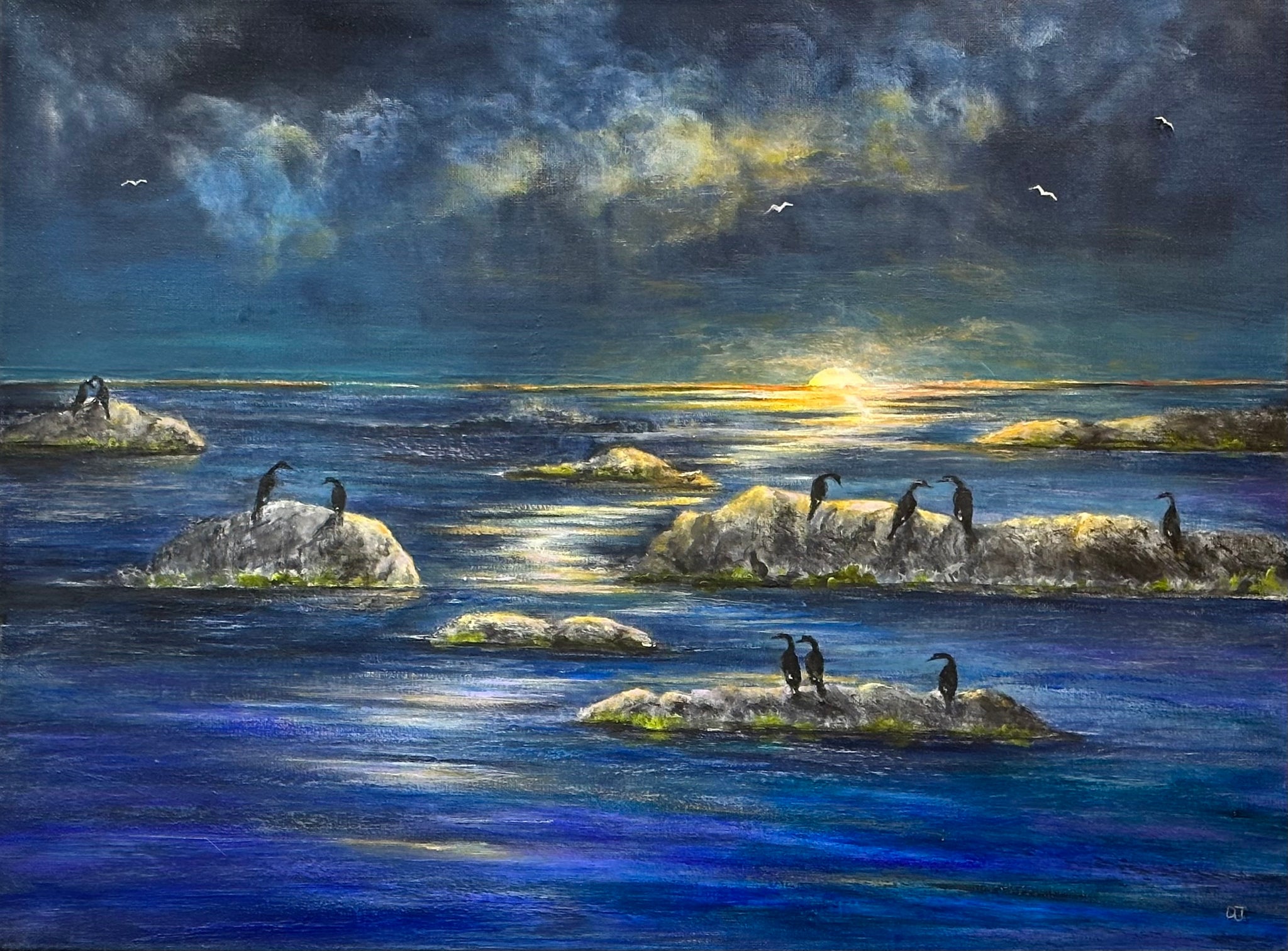 CORMORANTS IN SUNSET 24X18 ORIGINAL ACRYLIC