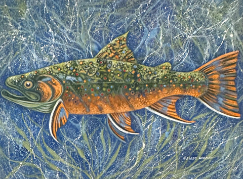 BROOK TROUT ON WOOD PANEL ORIGINAL ACRYLIC