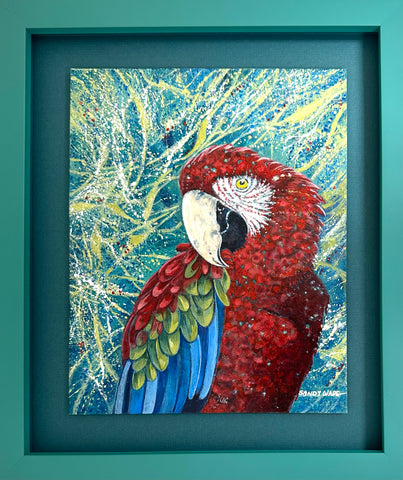 GREEN BLUE WINGED MACAW FRAMED ORIGINAL ACRYLIC