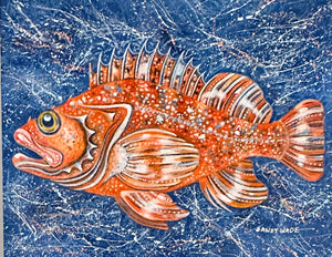 YELLOW EYE ROCKFISH ON WOOD PANEL ORIGINAL ACRYLIC