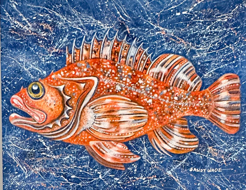 YELLOW EYE ROCKFISH ON WOOD PANEL ORIGINAL ACRYLIC