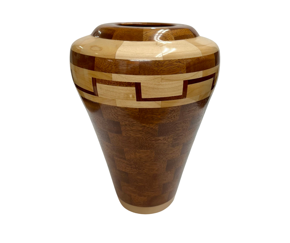EGYPTIAN FANTASY TURNED VASE SEGMENTED MAPLE MAHOGANY AND BLOOD WOOD