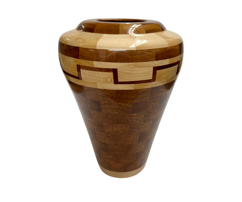EGYPTIAN FANTASY TURNED VASE SEGMENTED MAPLE MAHOGANY AND BLOOD WOOD