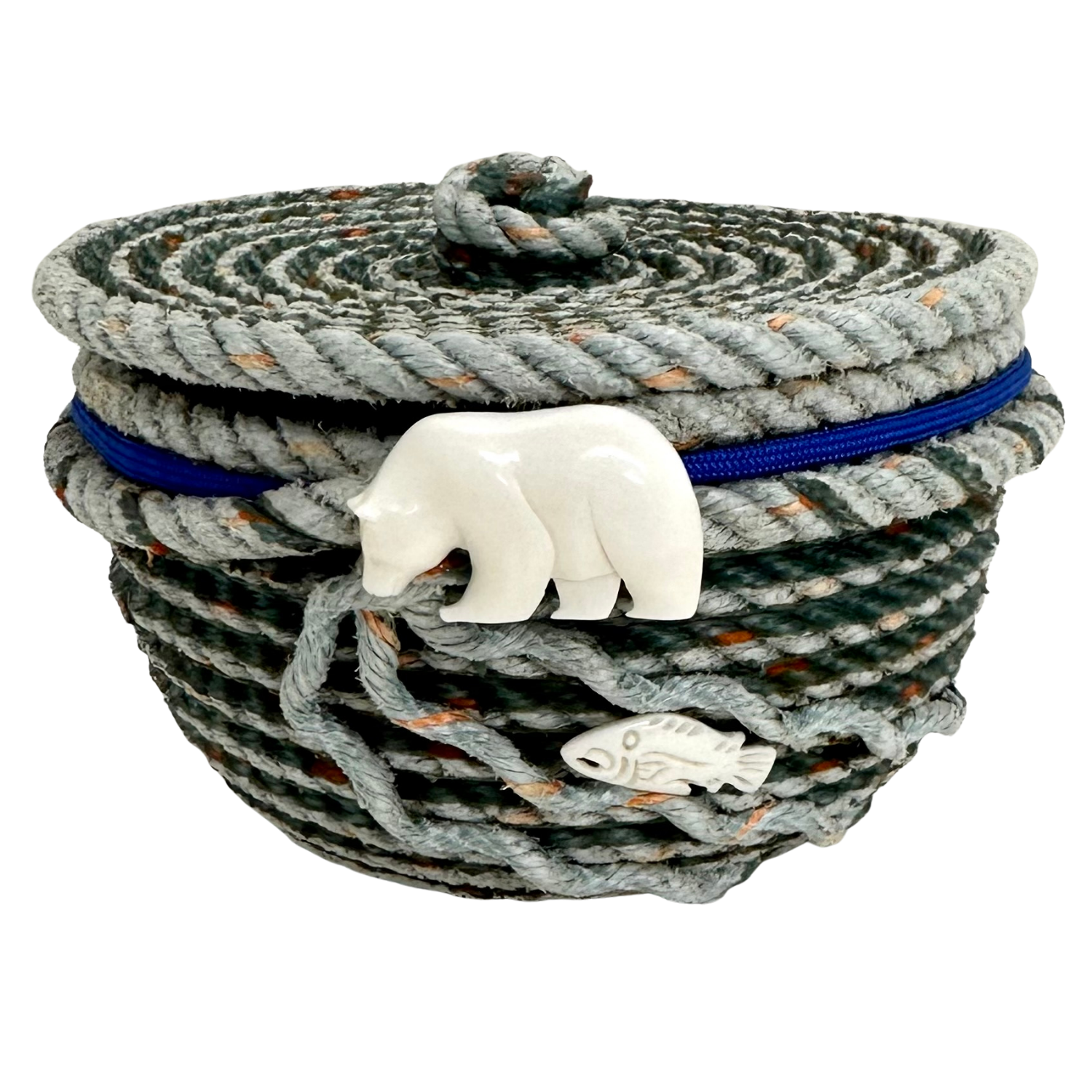 5" LONGLINE BASKET WITH LID MARINE BLUE TRIM AND BONE BEAR AND FISH EMBELLISHMENTS