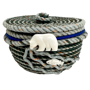 5" LONGLINE BASKET WITH LID MARINE BLUE TRIM AND BONE BEAR AND FISH EMBELLISHMENTS