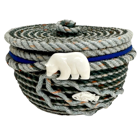 5" LONGLINE BASKET WITH LID MARINE BLUE TRIM AND BONE BEAR AND FISH EMBELLISHMENTS