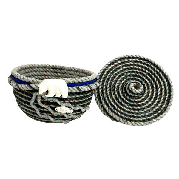 5" LONGLINE BASKET WITH LID MARINE BLUE TRIM AND BONE BEAR AND FISH EMBELLISHMENTS