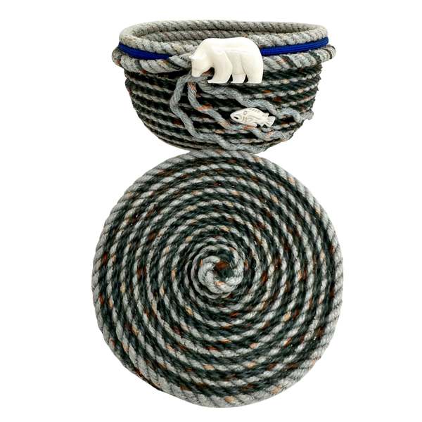 5" LONGLINE BASKET WITH LID MARINE BLUE TRIM AND BONE BEAR AND FISH EMBELLISHMENTS