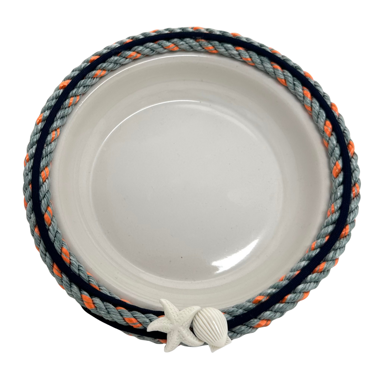 6" LONGLINE BASKET WITH WHITE CERAMIC DISH AND STARFISH/SHELL EMBELLISHMENT