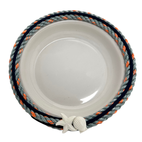 6" LONGLINE BASKET WITH WHITE CERAMIC DISH AND STARFISH/SHELL EMBELLISHMENT