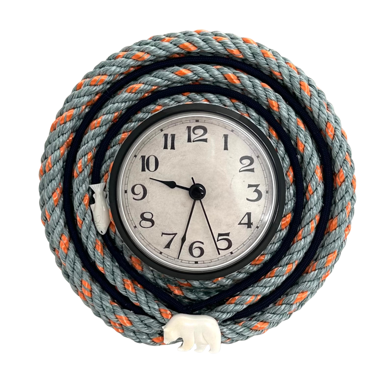 LONGLINE WALL CLOCK WITH BLUE ACCENT AND BONE BEAR AND FISH EMBELLISHMENT