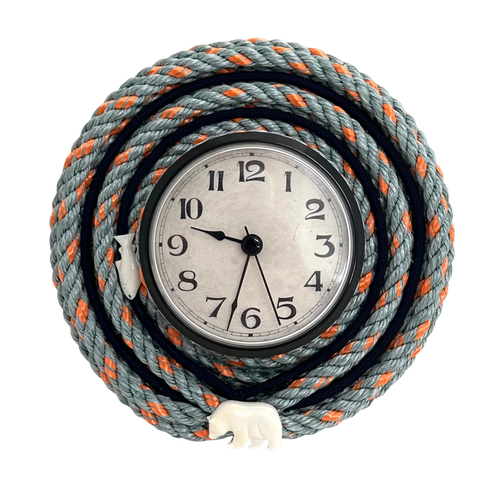 LONGLINE WALL CLOCK WITH BLUE ACCENT AND BONE BEAR AND FISH EMBELLISHMENT