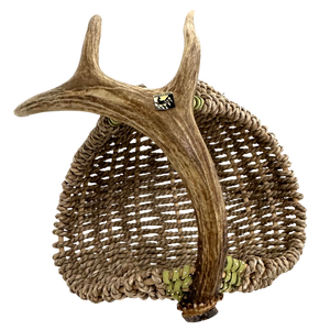 SITKA BLACKTAIL ANTLER & SEA GRASS BASKET WITH GREEN STUDDED LEATHER