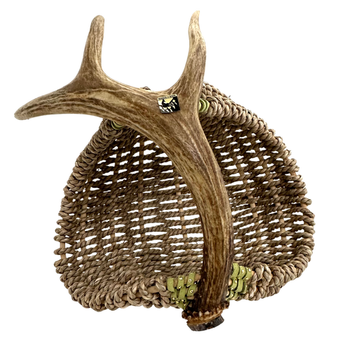 SITKA BLACKTAIL ANTLER & SEA GRASS BASKET WITH GREEN STUDDED LEATHER