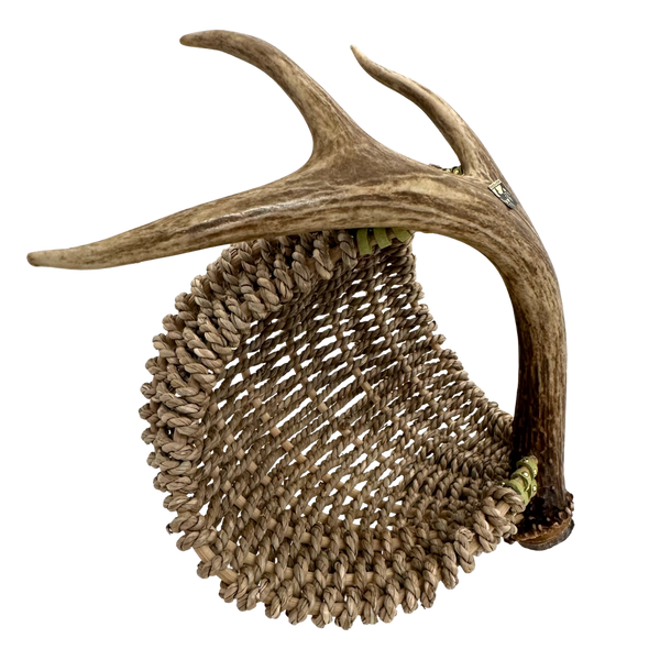 SITKA BLACKTAIL ANTLER & SEA GRASS BASKET WITH GREEN STUDDED LEATHER