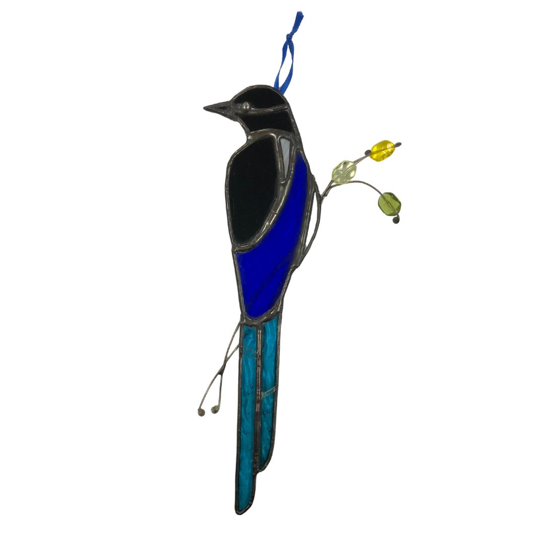 HANGING STAINED GLASS MAGPIE WITH  BEADS