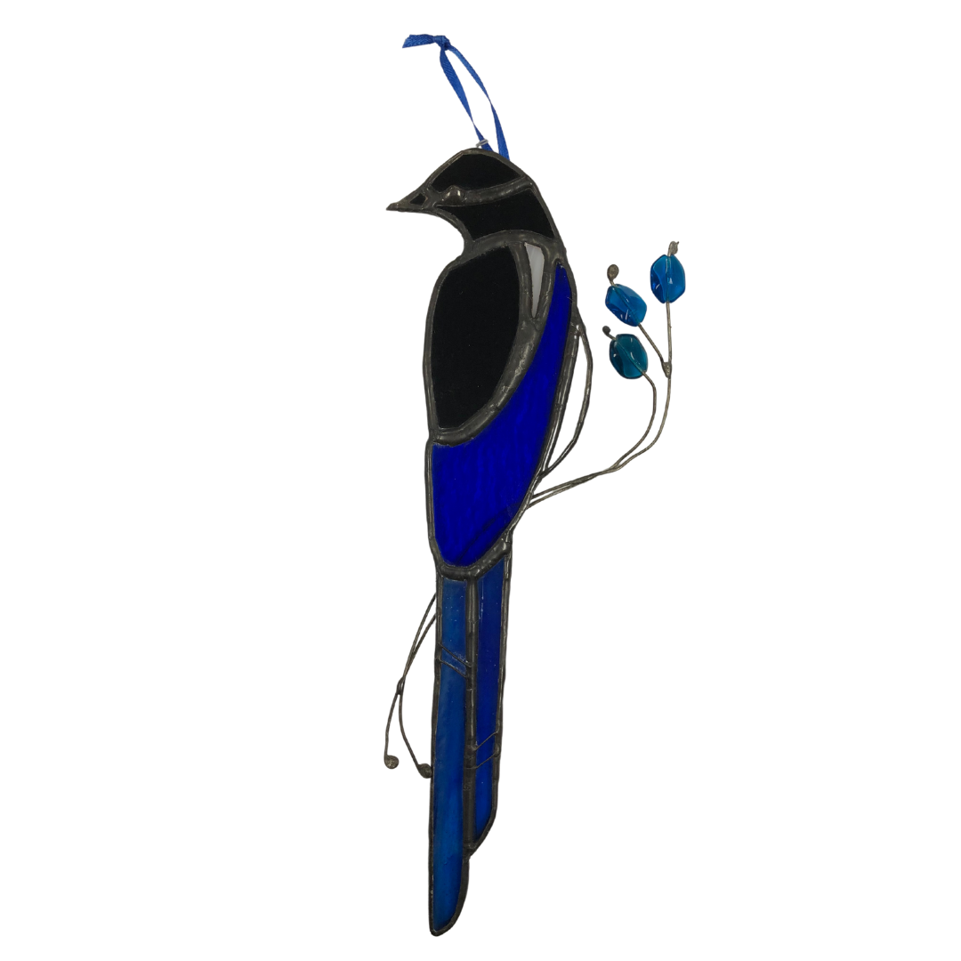 HANGING STAINED GLASS MAGPIE WITH BLUE BEADS
