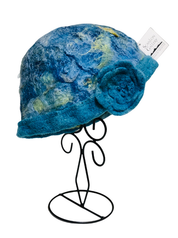FELTED AND SEWN HAT TURQUOISE WITH STITCHED FLOWER