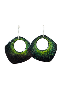 BLACK AND GREEN ASSYMETRICAL HOOP ENAMEL EARRINGS