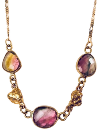 WATERMELON TOURMALINE AND GOLD NUGGET NECKLACE