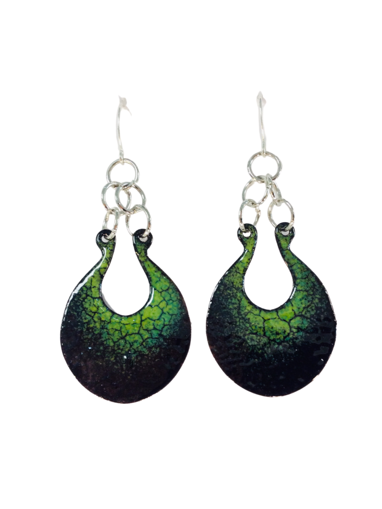 GREEN AND BLACK OMBRE HIPPIE HARP ENAMEL EARRINGS