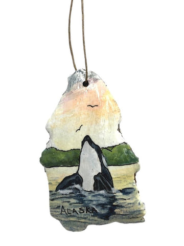 ORCA SAYING HELLO HAND PAINTED BARK ORNAMENT