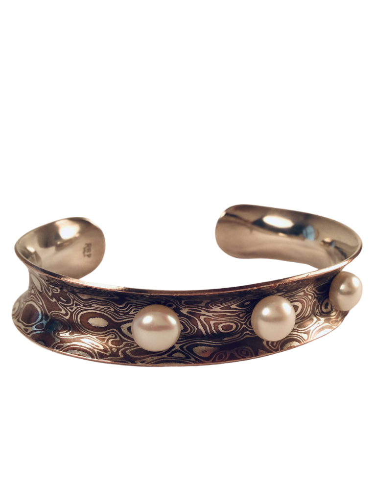 MOKUME CUFF WITH PEARLS