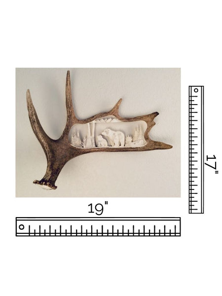 GRIZZLY MOTHER & CUB HANGING ANTLER CARVING