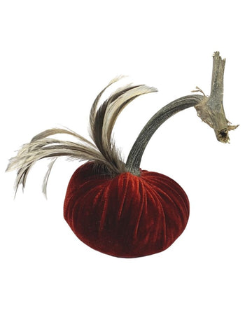 RED VELVET PUMPKIN WITH BROWN FEATHER PLUME 4"