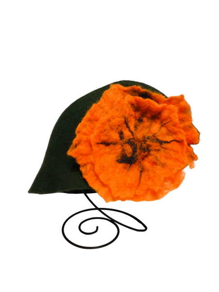 FELTED HAT OLIVE GREEN W ORANGE FLOWER