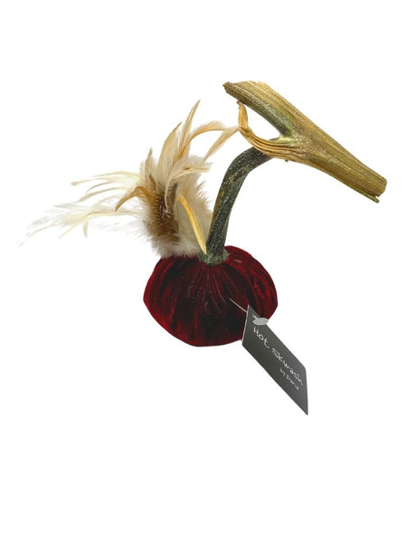 POMEGRANATE VELVET PUMPKIN WITH FEATHER PLUME 3"