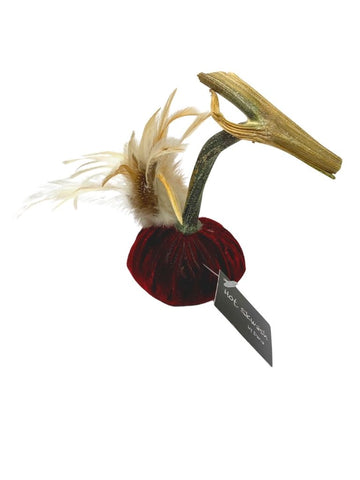 POMEGRANATE VELVET PUMPKIN WITH FEATHER PLUME 3"