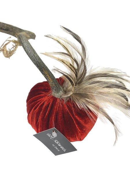 RED VELVET PUMPKIN WITH BROWN FEATHER PLUME 4"