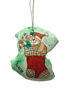 TEDDY BEAR IN STOCKING HAND PAINTED BARK ORNAMENT