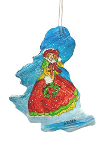WOMAN WITH WREATH HAND PAINTED BARK ORNAMENT