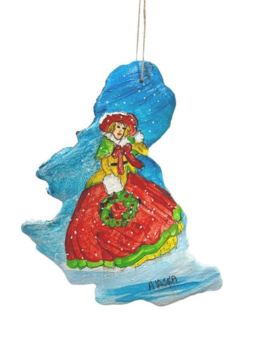 WOMAN WITH WREATH HAND PAINTED BARK ORNAMENT