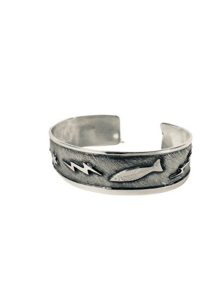 SALMON, STAR, MOON, AND LIGHTENING STERLING CUFF BRACELET