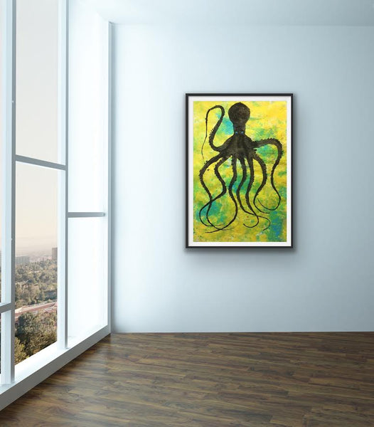 OCTOPUS ON BLUE GREEN & YELLOW ORIGINAL GYOTAKU