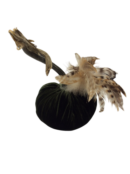 MOSS VELVET PUMPKIN WITH FEATHER PLUME 5"