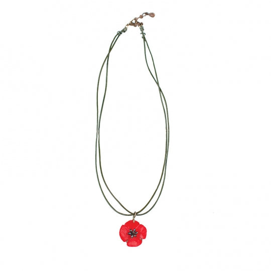 RED POPPY PENDANT ON LEATHER CHORD