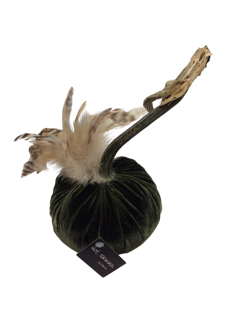 MOSS VELVET PUMPKIN WITH FEATHER PLUME 5"