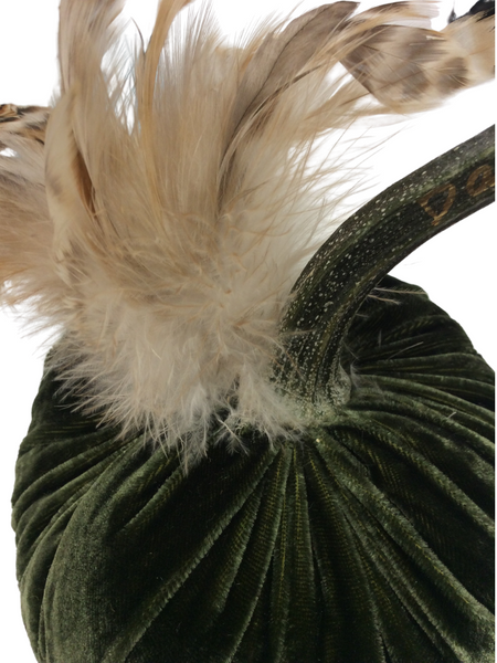 MOSS VELVET PUMPKIN WITH FEATHER PLUME 5"