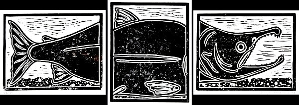 FULL CYCLE TRIPTYCH SALMON WOOD BLOCK PRINT